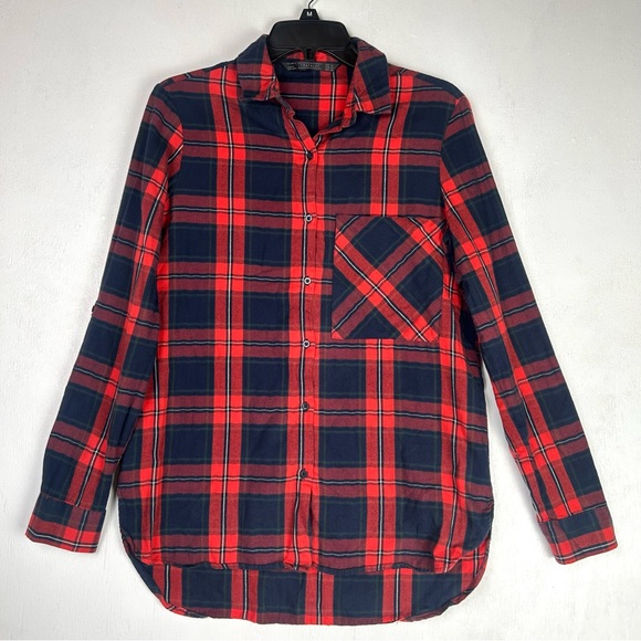 Zara | Trafaluc roll tab long sleeve button up plaid red multicolor shirt top - Picture 1 of 16